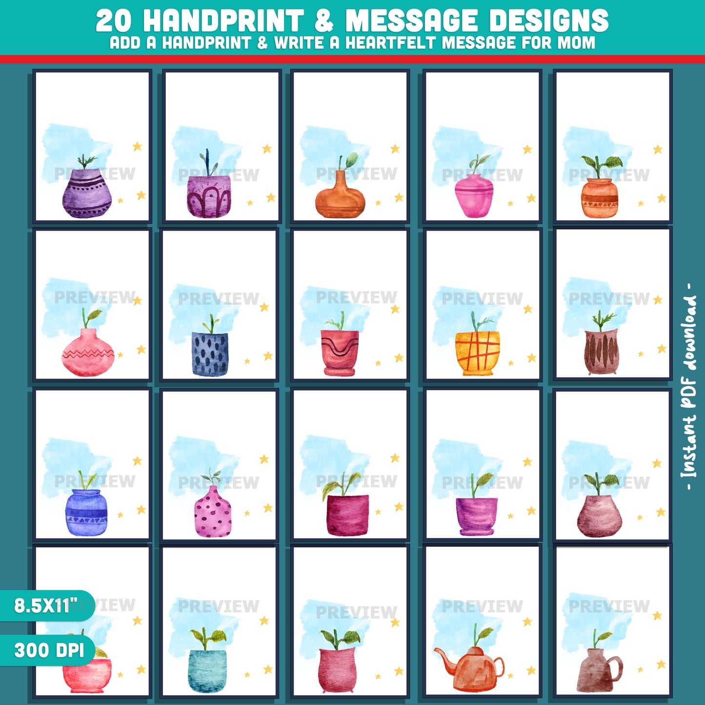 Mother’s Day Handprint Craft for Kids – Bloom Flower Pot Art, Printable Keepsake Gift from Kids, Classroom Craft for Mom, Nana, Grandma, 20 Templates