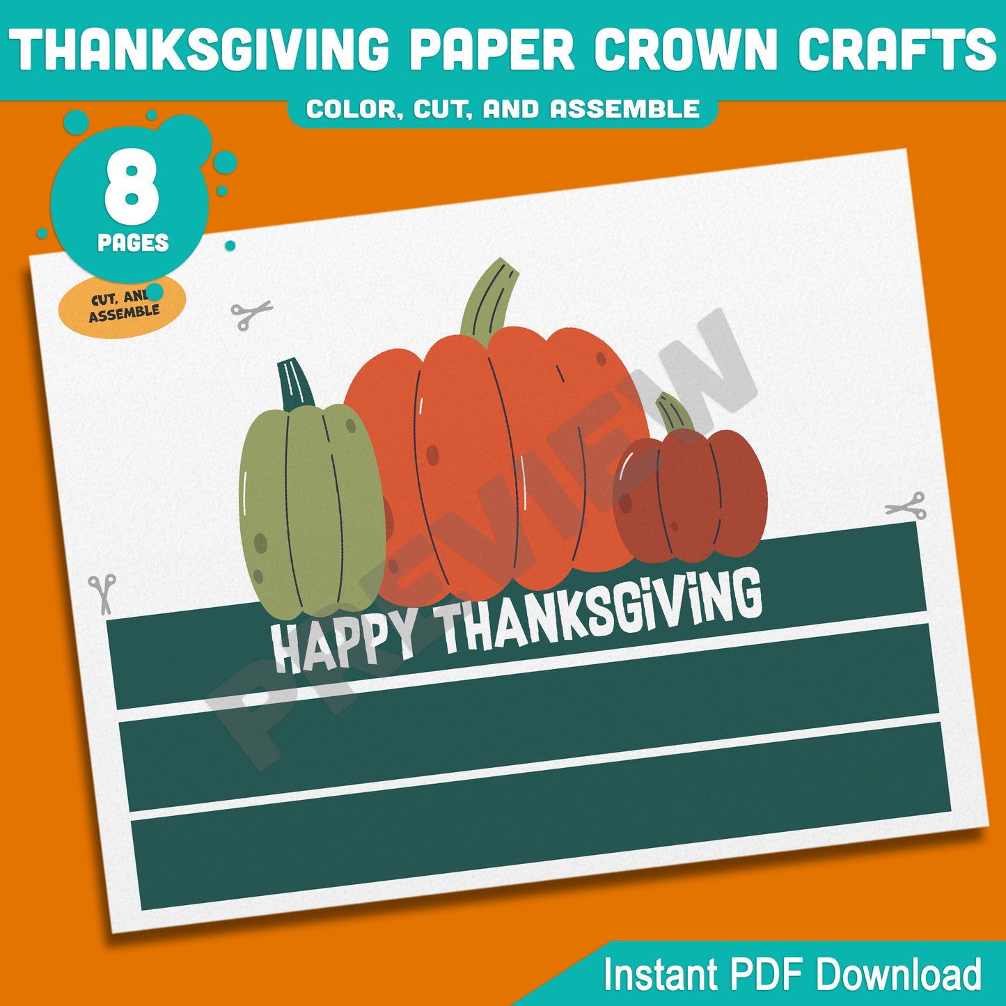 Printable Happy Thanksgiving Paper Crown Crafts, Fall Hat & Autumn Headband Activity for Kids, Party Paper Hat, 4 Designs, Pre-color + Black & White, PDF