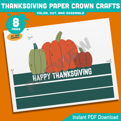 Printable Happy Thanksgiving Paper Crown Crafts, Fall Hat & Autumn Headband Activity for Kids, Party Paper Hat, 4 Designs, Pre-color + Black & White, PDF