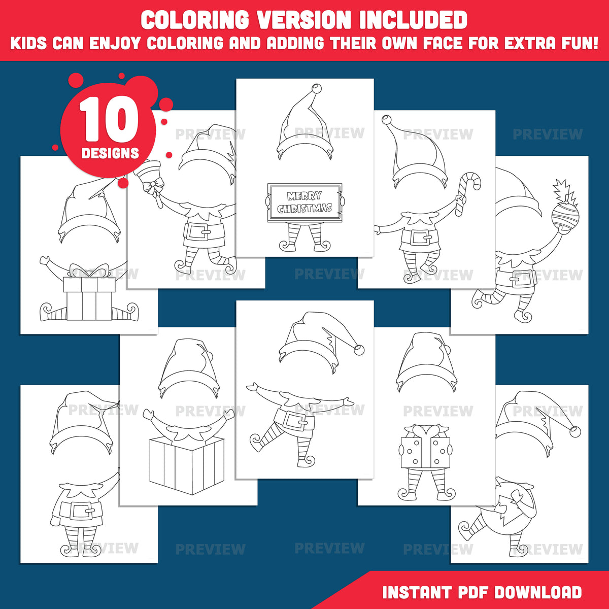 Elf Cutout Templates, Printable Christmas Craft, Add Your Own Face, PDF + PNG, Coloring Version