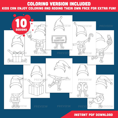 Elf Cutout Templates, Printable Christmas Craft, Add Your Own Face, PDF + PNG, Coloring Version