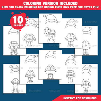 Elf Photo Insert Templates – Winter Body Templates, Coloring Version Included, 10 Designs, High-resolution PDF + PNG Files for Classroom Displays, Home Activities, and Holiday Parties