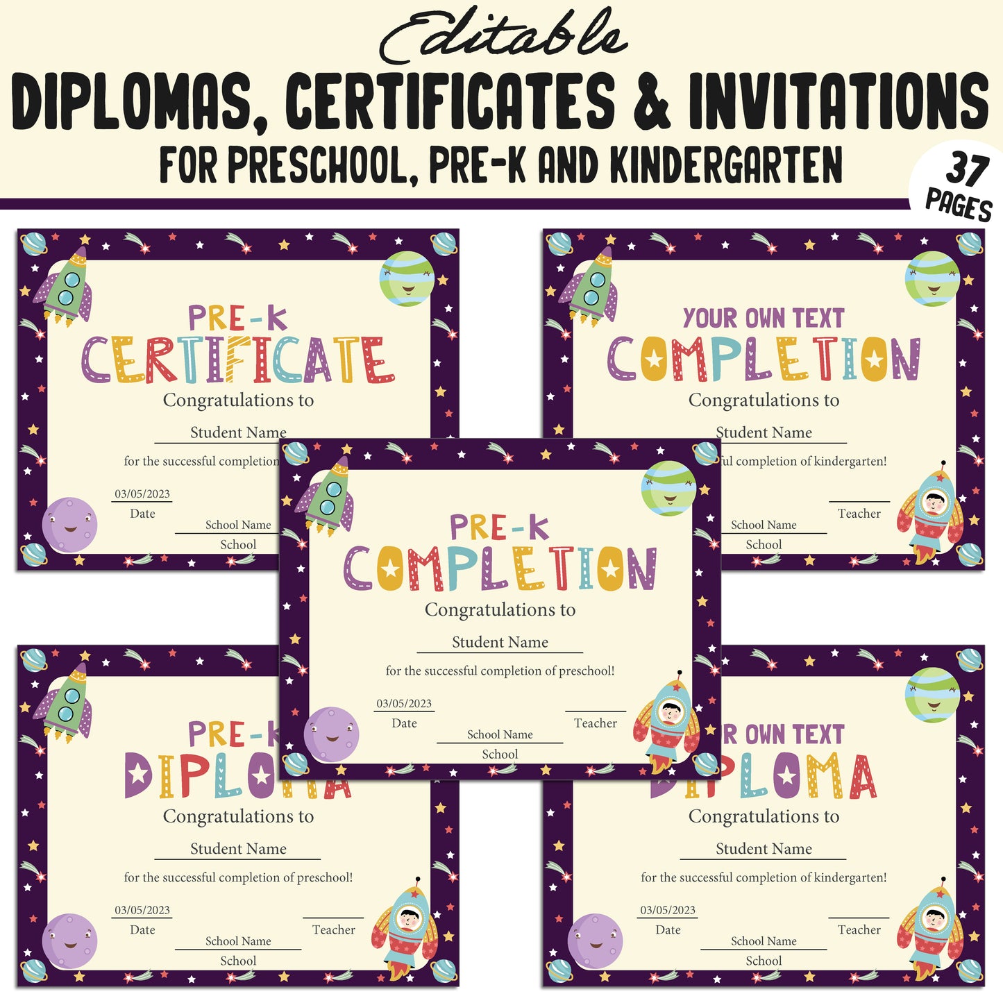 37 Editable Pre K Graduation Diploma, Preschool, Kindergarten Certificates, and Invitations – Instant PDF Download!