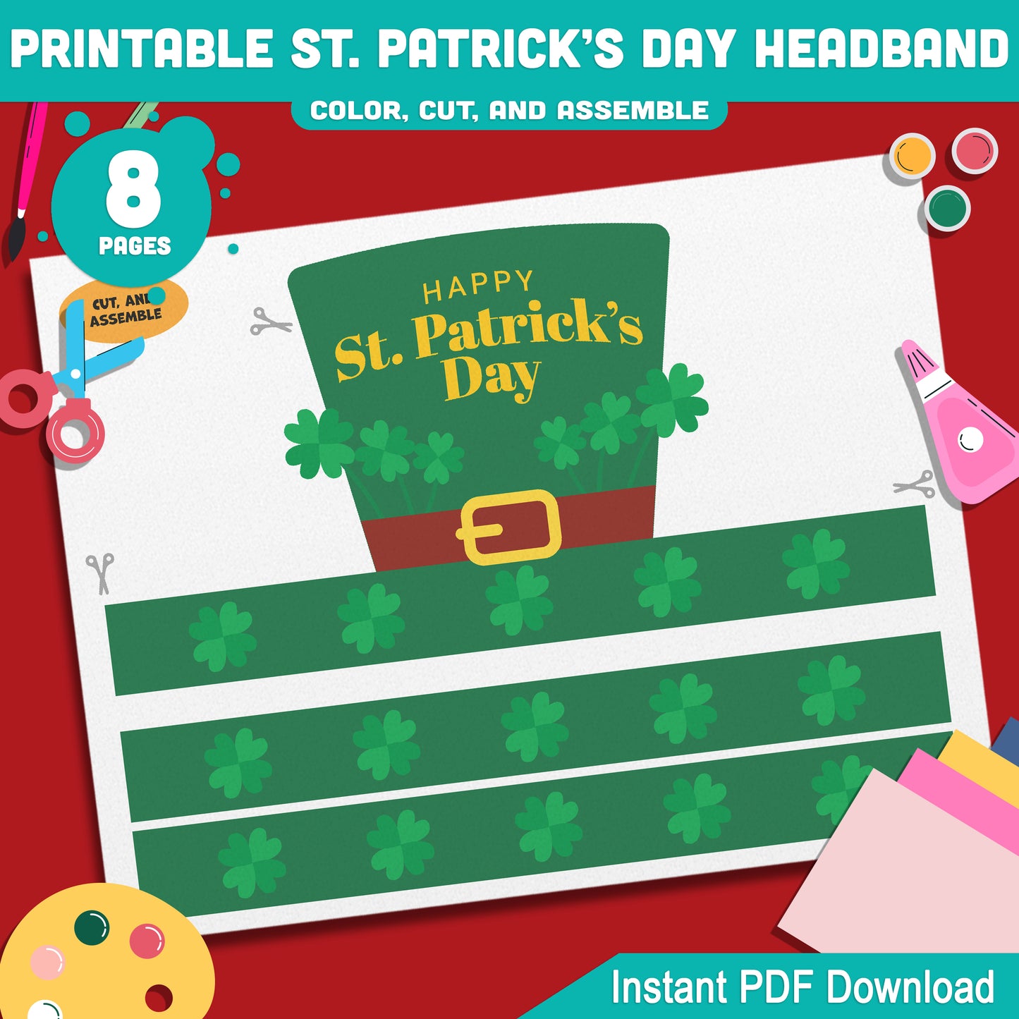 Printable St. Patrick’s Day Headband and Crown Hat Crafts for Kids, Lucky Leprechaun Shamrock Paper Wearable Set, Party Play Activity, Pre-color + Black & White PDF