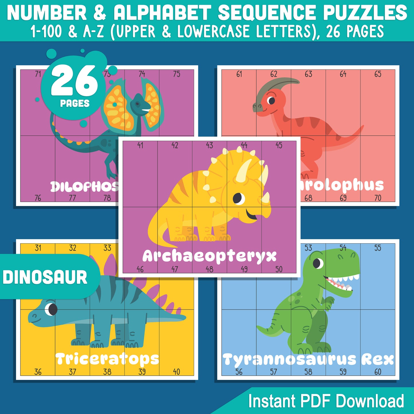 Dinosaur Number and Alphabet Sequence Puzzles: 1-100 Counting and A-Z Sequencing for Toddlers, Preschool, and Kindergarten, Printable PDF for Math Centers