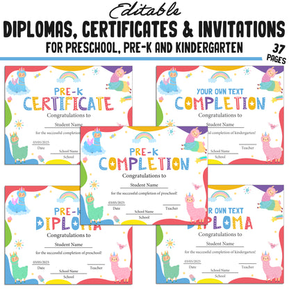 37 Editable Kindergarten Diploma Template, Pre-K, Preschool Certificates of Completion, and Invitations – Instant PDF Download!