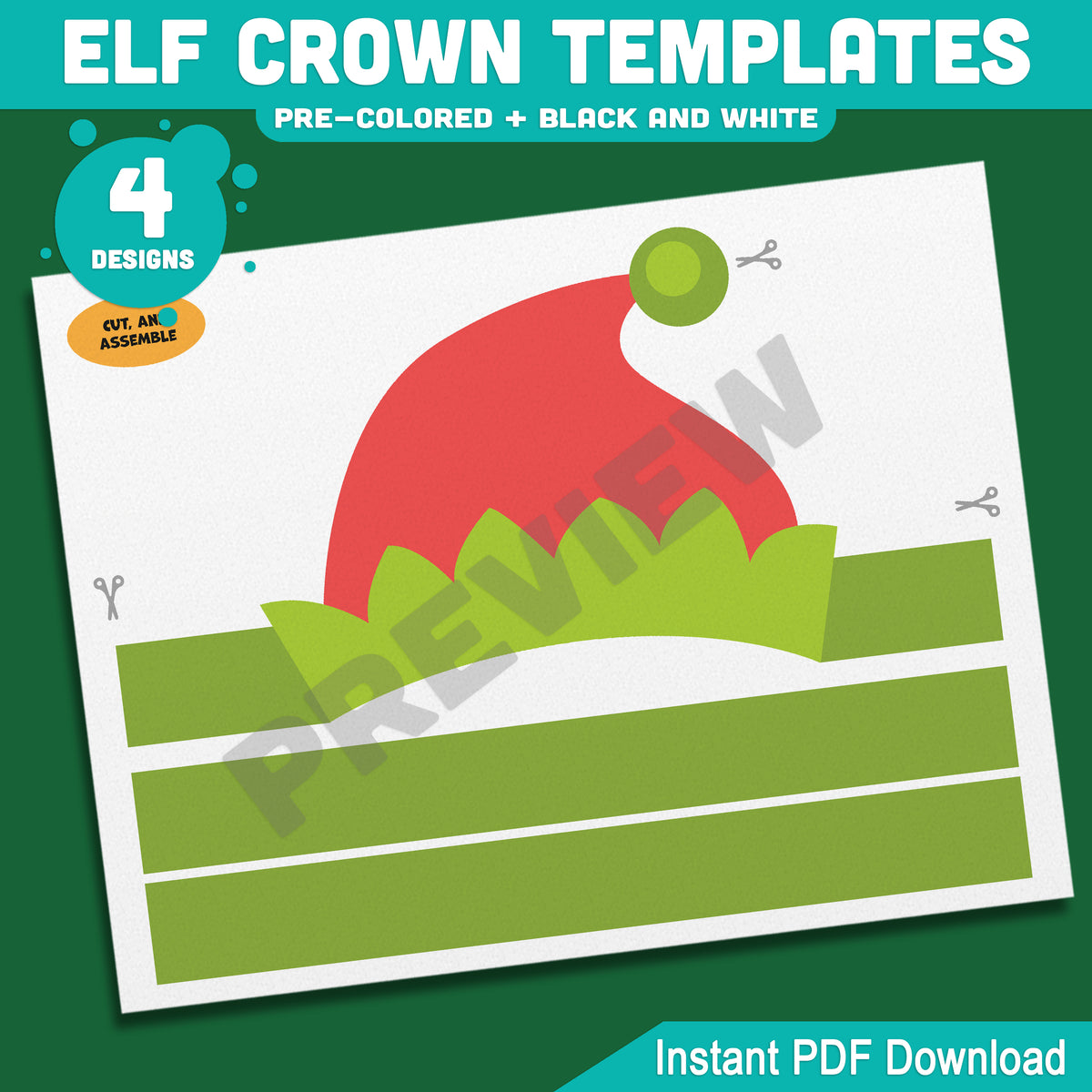 Elf Crown Templates, Christmas Coloring and Cutting Activity