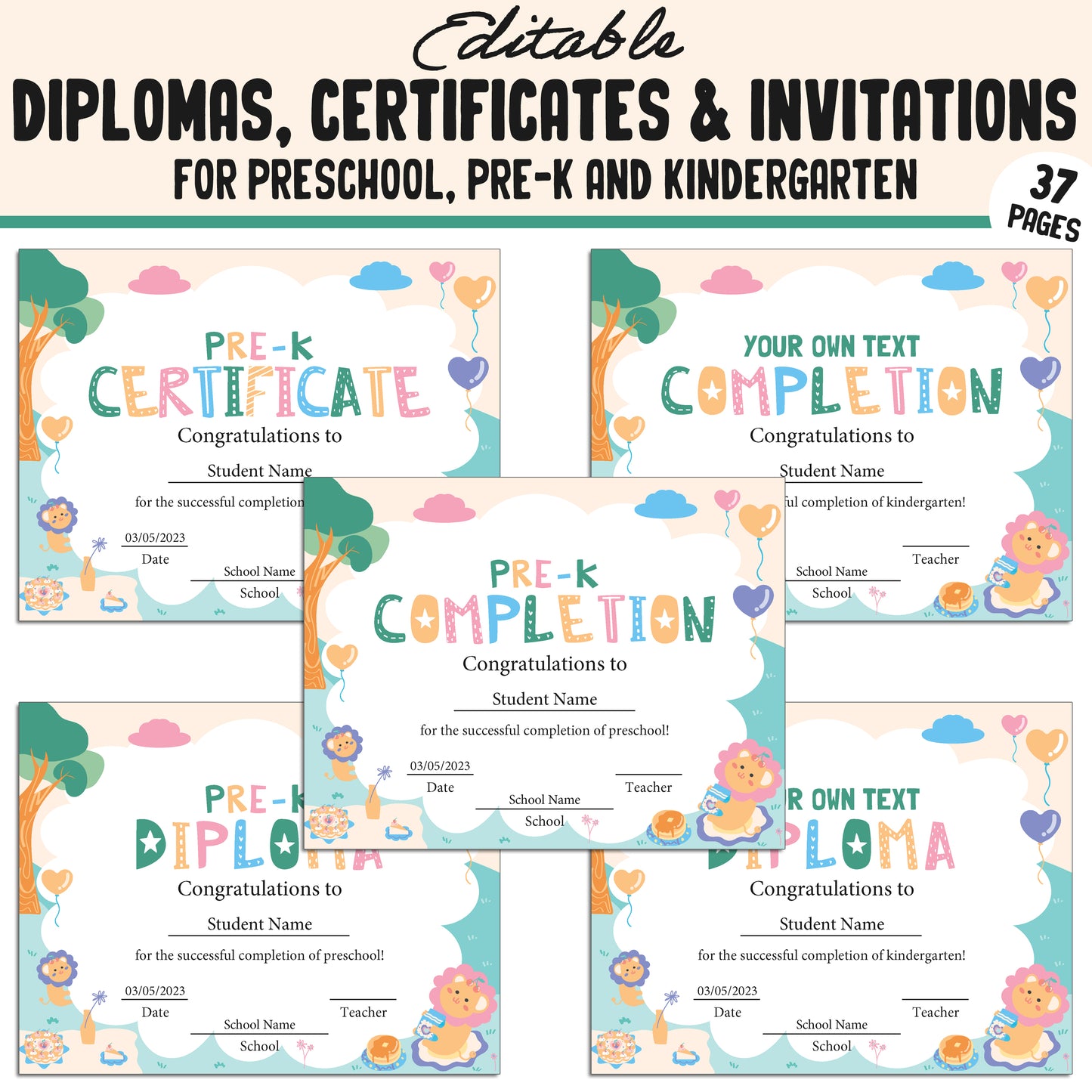 Editable Kindergarten, PreK, Preschool Diplomas, Certificates & Invitations – 37 Customizable PDF Pages, Instant Download