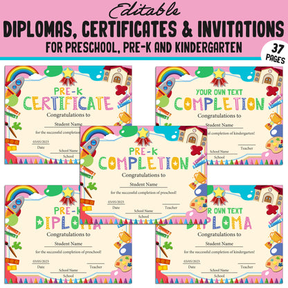 Editable Preschool, Pre-K, and Kindergarten Diplomas, Certificates, and Invitations – 37 Customizable PDF Pages, Instant Download