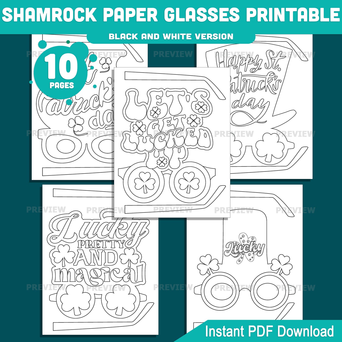 Shamrock Paper Glasses Printable, St. Patrick’s Day Glasses Craft Activity for Kids, 10 Designs, Pre-Colored and Black & White PDF