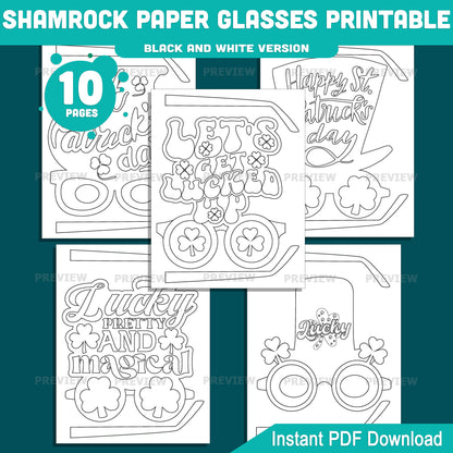 Shamrock Paper Glasses Printable, St. Patrick’s Day Glasses Craft Activity for Kids, 10 Designs, Pre-Colored and Black & White PDF