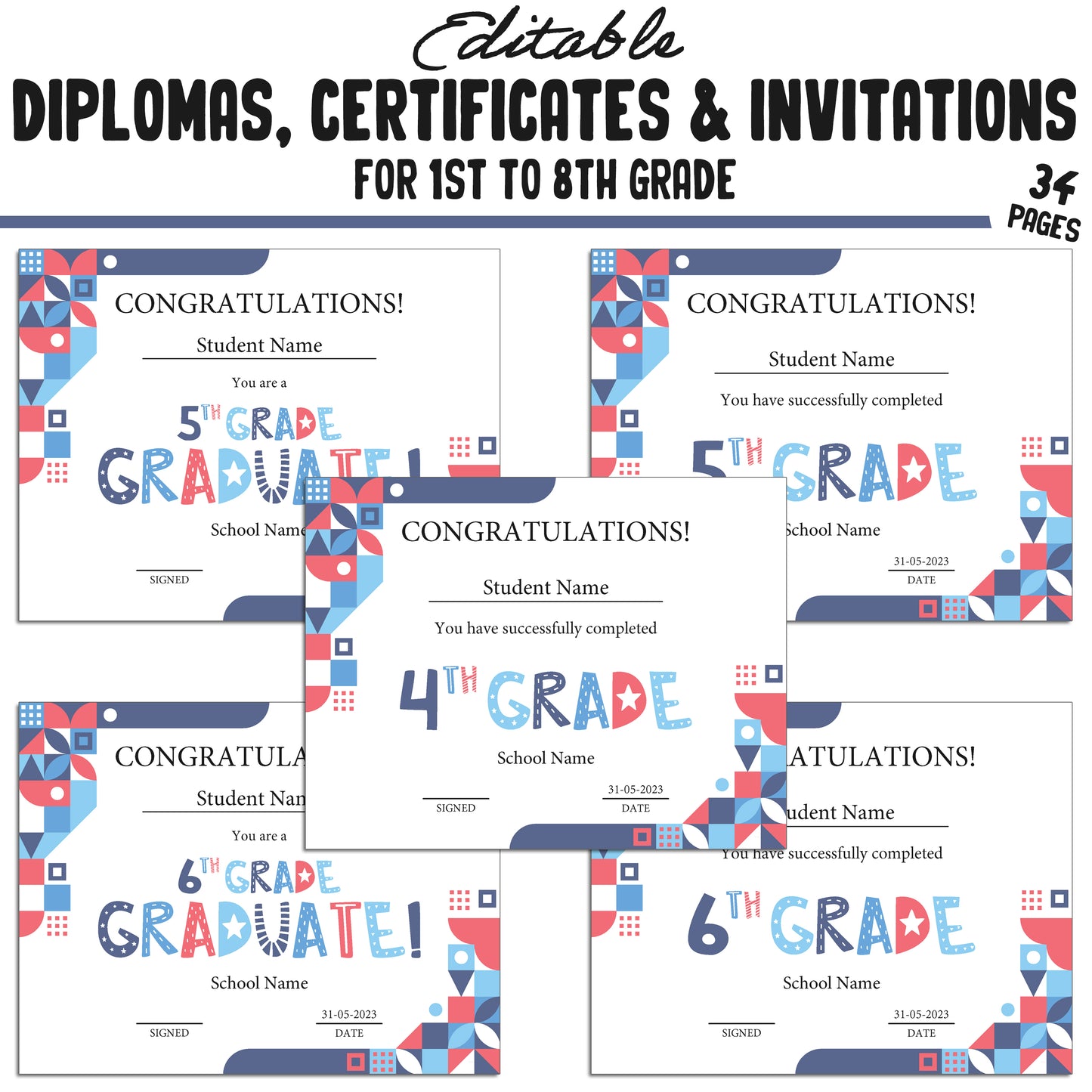 Editable Diplomas for 4th Grade, Certificates for 1st-8th Grade, and Invitation Templates in a Mosaic Theme - 34 Pages, PDF Instant Download