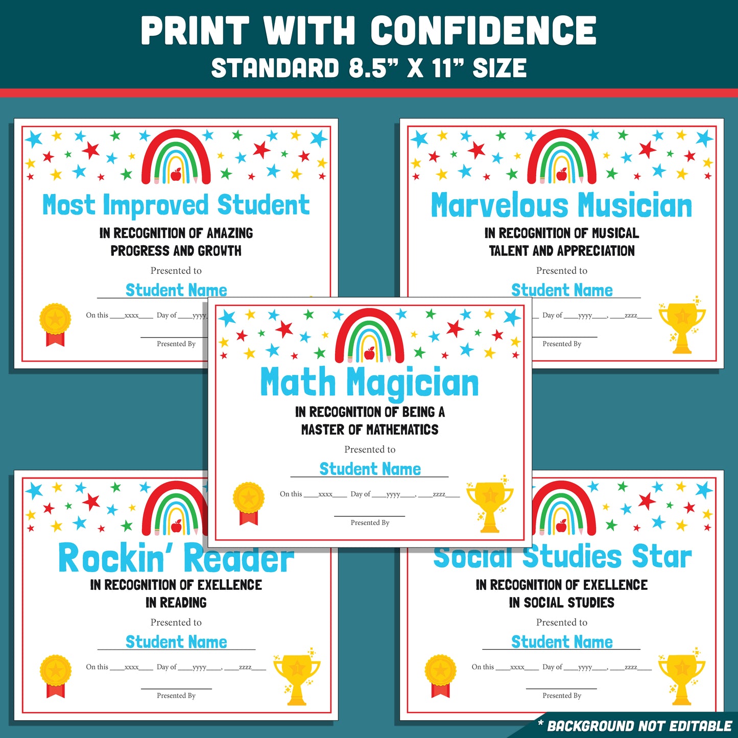 Student Awards Certificates, Printable Classroom Recognition Pack, 26 Editable Designs, Achievement Honors, Simple Editing, Teacher Friendly Resource