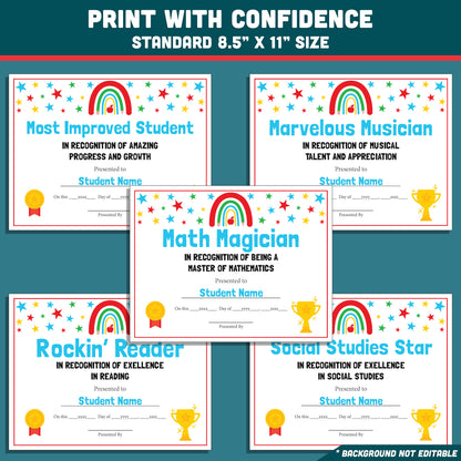 Student Awards Certificates, Printable Classroom Recognition Pack, 26 Editable Designs, Achievement Honors, Simple Editing, Teacher Friendly Resource