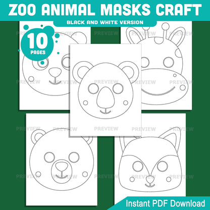 Animal Mask Templates Printable, Zoo Theme Activity, Kids Creative Play Resource, Preschool Classroom Art Center, 10 Designs, Pre Colored Black White, 8.5x11, Instant PDF
