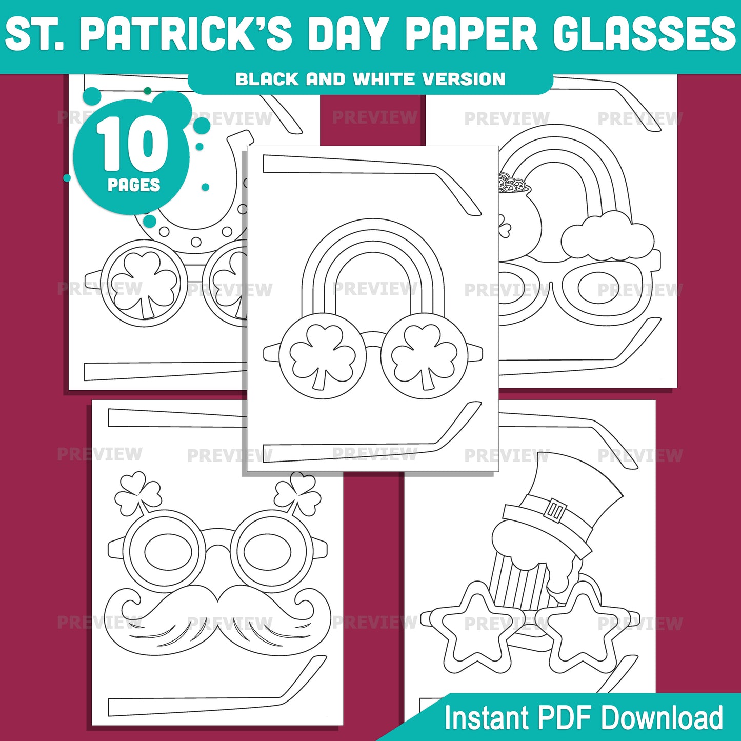 St. Patrick’s Day Glasses Craft Activity for Kids, Shamrock Paper Glasses Printable, 10 Fun Designs, Pre-Colored and Black & White Download