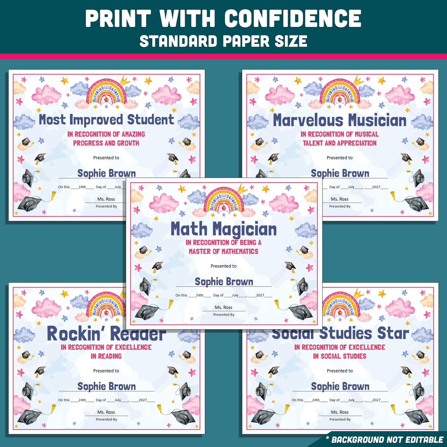 Editable End-of-Year Awards for Preschool, TK, Pre-K, Kindergarten, and 1st Grade, Printable Student Recognition Set, 26 Unique Awards