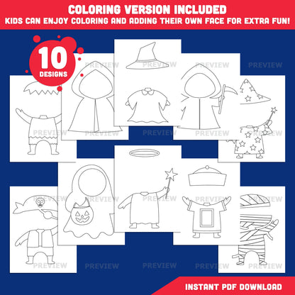 Halloween Face Templates, Personalized Character Craft, 10 Designs, Light & Dark Skin, High-Resolution PDF + PNG, Coloring Version Included, Fall Fun