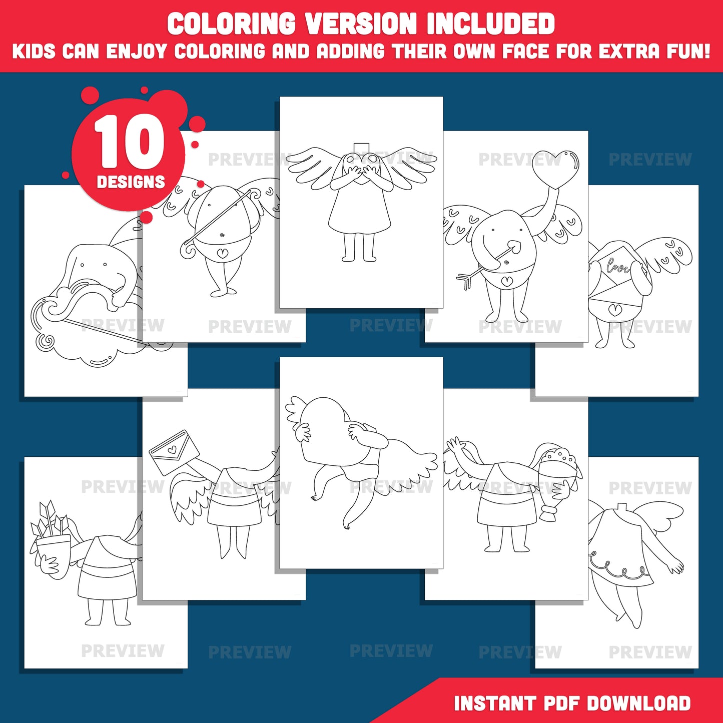 Cupid Body Templates Add Your Face – Valentine Crafts, Valentine’s Day Body Templates, Coloring Version Included, PDF & PNG