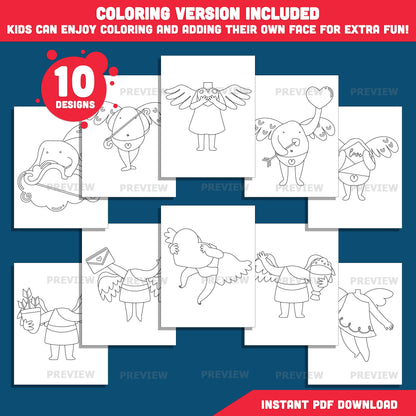 Cupid Body Templates Add Your Face – Valentine Crafts, Valentine’s Day Body Templates, Coloring Version Included, PDF & PNG