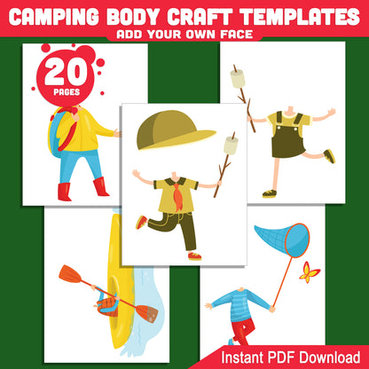 Camping Body Craft Template for Kids with Body Clipart – 40 Page Cut and Paste Activity, Add Your Face, Instant PDF, Dark Skin Tone Included