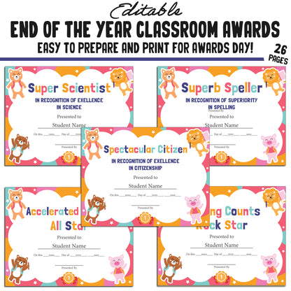 Editable, Creative End-of-Year Class Awards for Students, 26 Pages, PDF, Instant Download – Perfect for Classroom and Student Achievements.