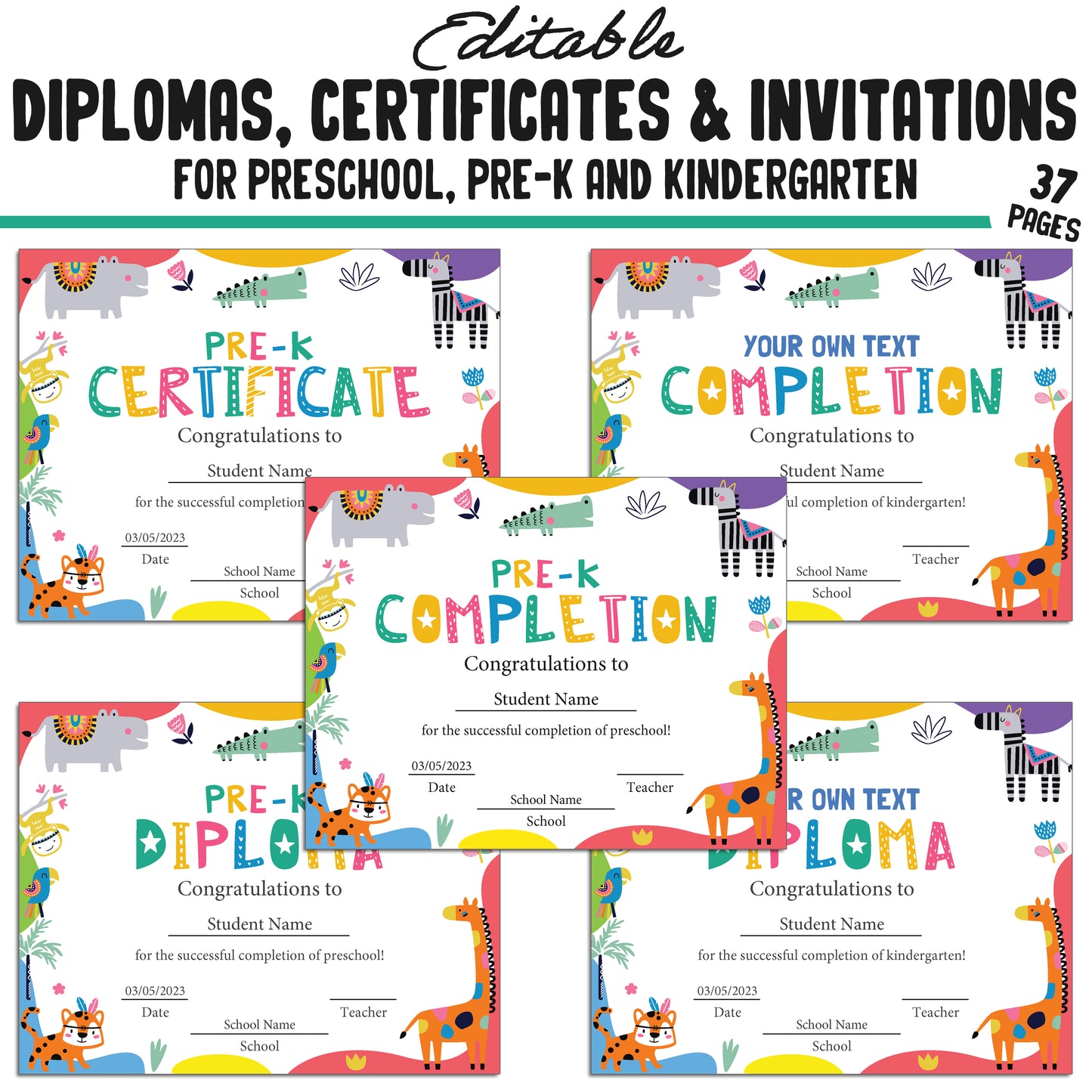 37 Editable Kindergarten, Pre-K, and Preschool Diplomas, Certificates, and Invitations Templates, PDF Files, Instant Download