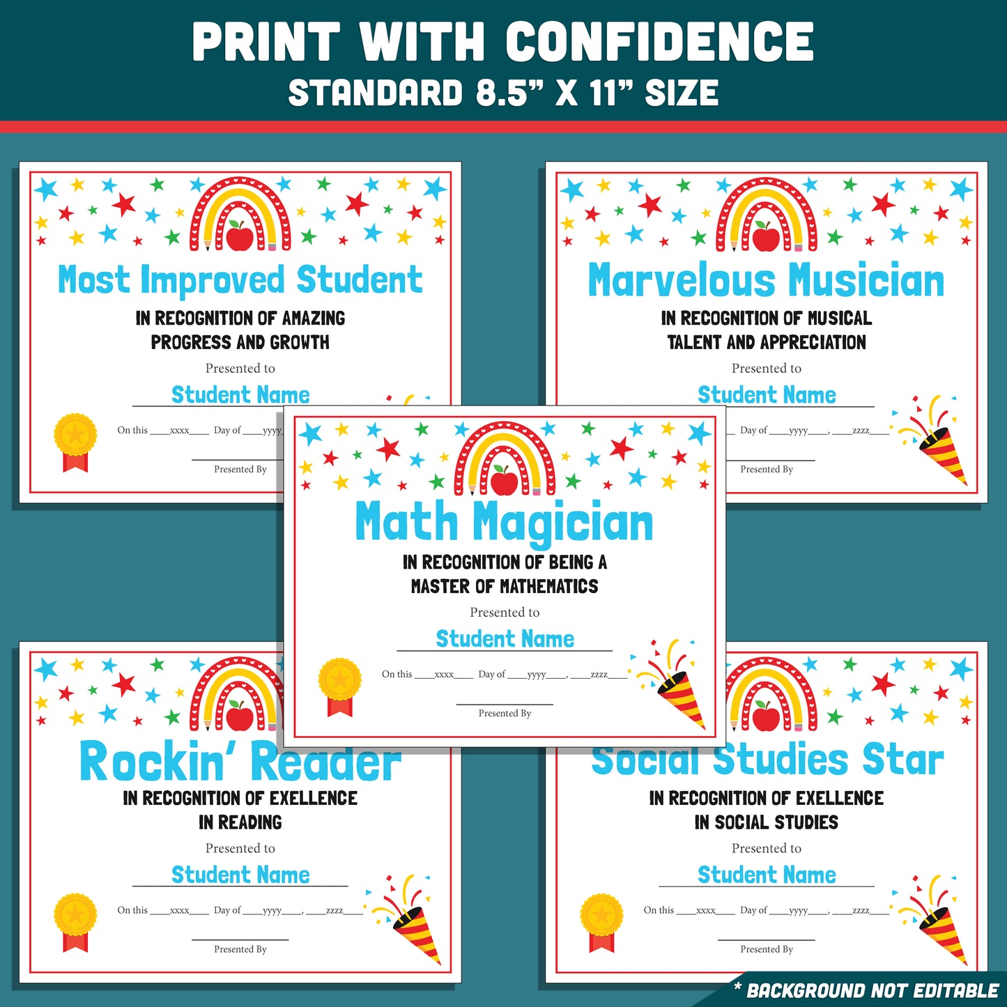 Editable Student Recognition Awards, Classroom Certificates, 26 Options, Printable Student Honors, Quick Personalization, Low Prep Teaching Tool