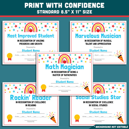 Editable Student Recognition Awards, Classroom Certificates, 26 Options, Printable Student Honors, Quick Personalization, Low Prep Teaching Tool