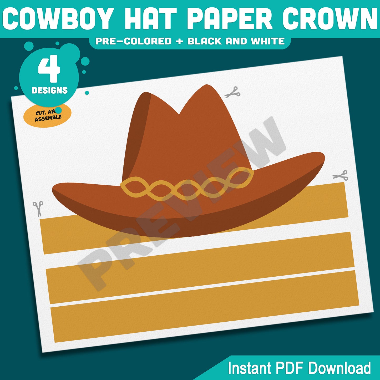 Cowboy Hat Paper Crown Template, Wild West Headband Craft, Western Dress Up for Cowgirl & Cowboy, Back to School Printable