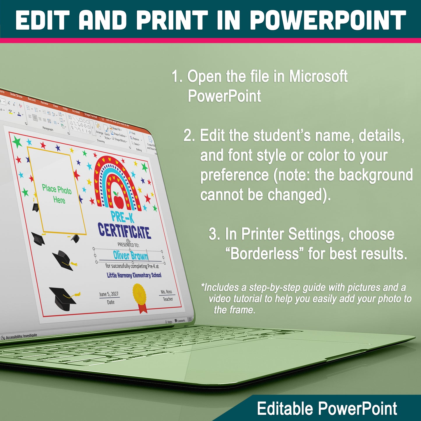 Editable Graduation Certificate Templates for Any Grade, Photo and No-Photo Awards, PDF and PowerPoint, Pre-K to 8th & Beyond