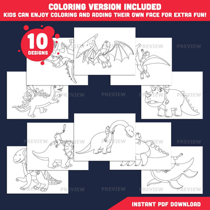 Kids Ride-On Dinosaur Craft, Add Your Own Face Printable, Dinosaur Rider Costume Template, Cut and Paste Activity, Coloring Version