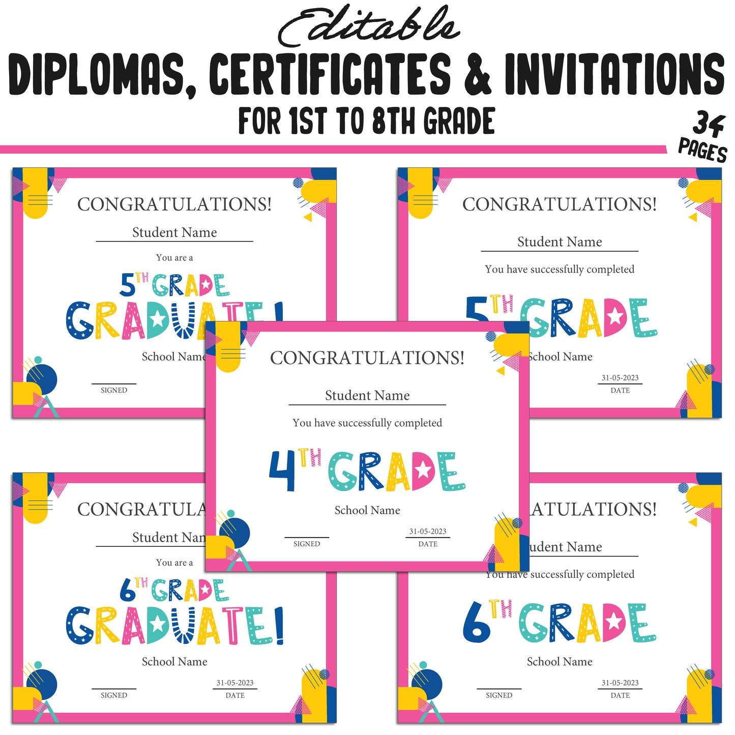 Editable Diploma for 1st Graders, 1st-8th Grade Graduation Certificates & Invitation Templates in a Flat Modern Theme - PDF Instant Download