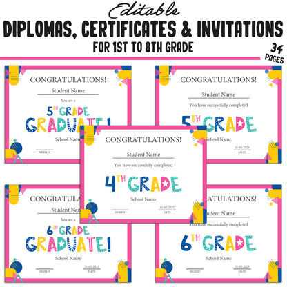 Editable Diploma for 1st Graders, 1st-8th Grade Graduation Certificates & Invitation Templates in a Flat Modern Theme - PDF Instant Download