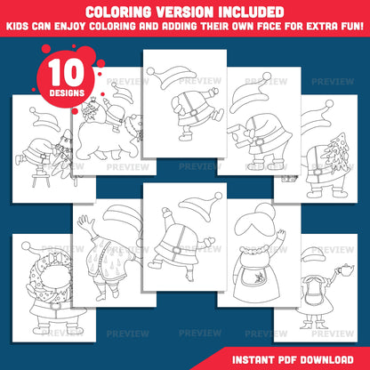 Santa Family Add Your Face Templates, Christmas Family Add Your Photo Crafts, Add Your Own Face Winter Body Templates with Coloring Version, 10 Designs