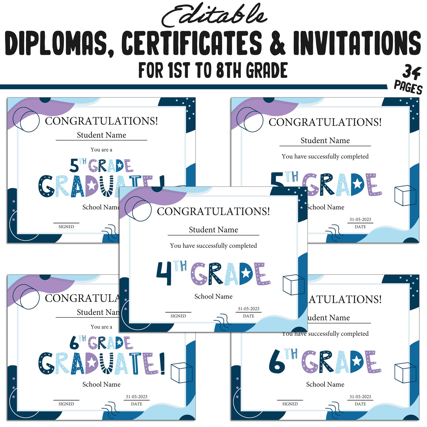 Printable 3rd Grade Diplomas, Editable Certificates for 1st-8th Grades & Invitation Templates in a Modern Design, 34 Pages, Instant Download