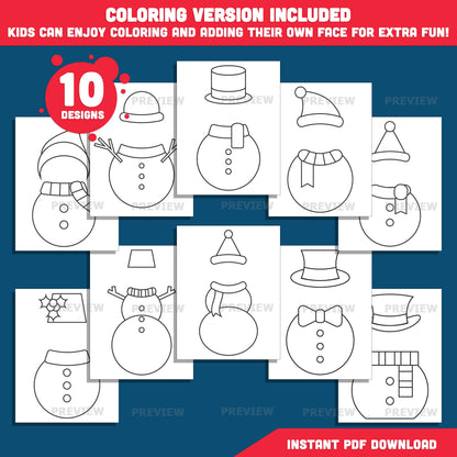 Snowmen Add Your Own Face Crafts – Winter Body Templates, 10 Designs, High-resolution PDF + PNG Files, Coloring Version Included for Home, School, and Winter Activities