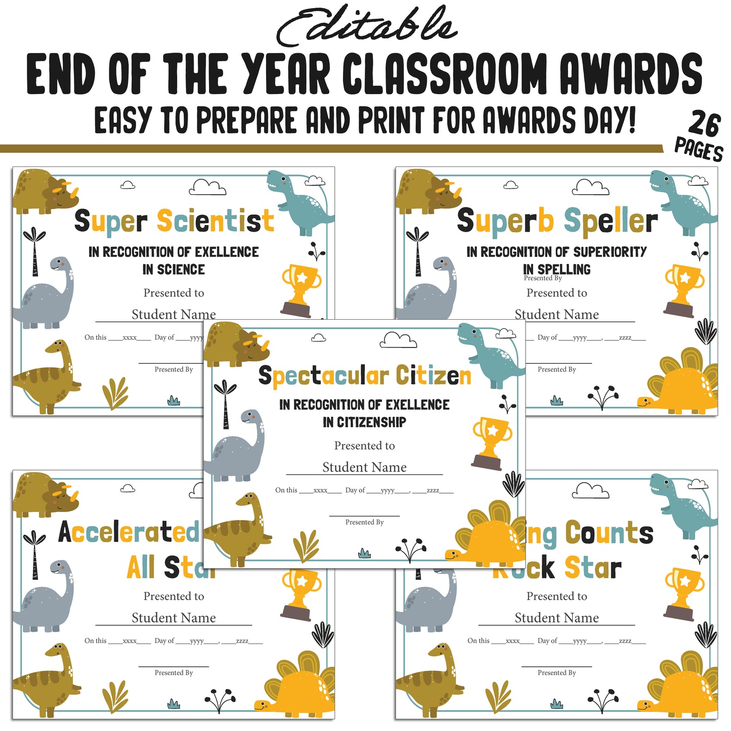 Customizable End-of-Year Awards for Preschool or Kindergarten – 26-Page PDF with Adorable Dinosaur Theme – Instant Download