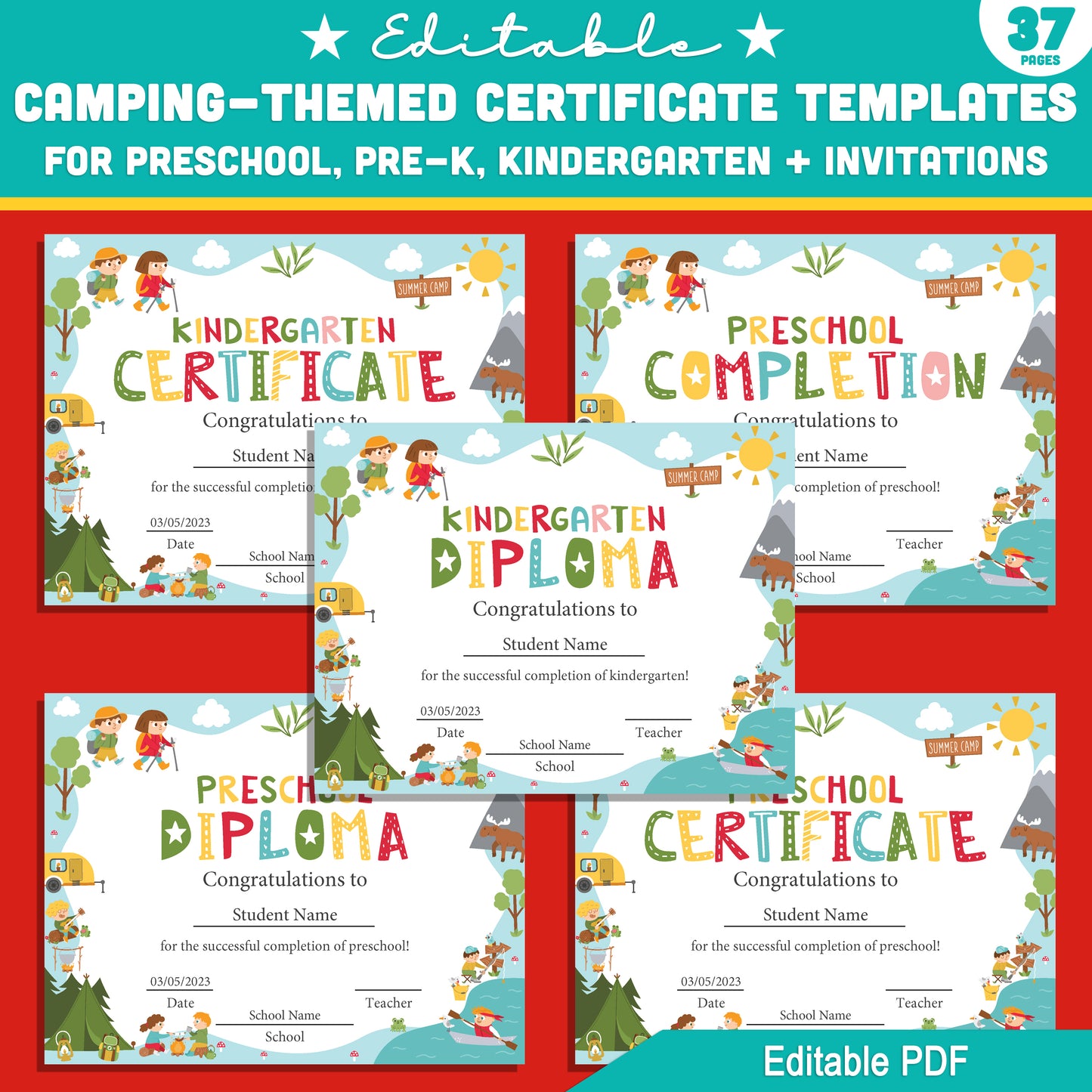 Preschool to Kindergarten Camping Certificate Pack – 37 Editable Templates with Diplomas & Invitations, Fun Outdoor Theme PDF Download