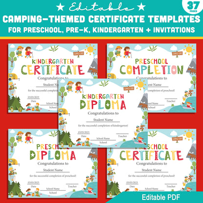 Preschool to Kindergarten Camping Certificate Pack – 37 Editable Templates with Diplomas & Invitations, Fun Outdoor Theme PDF Download