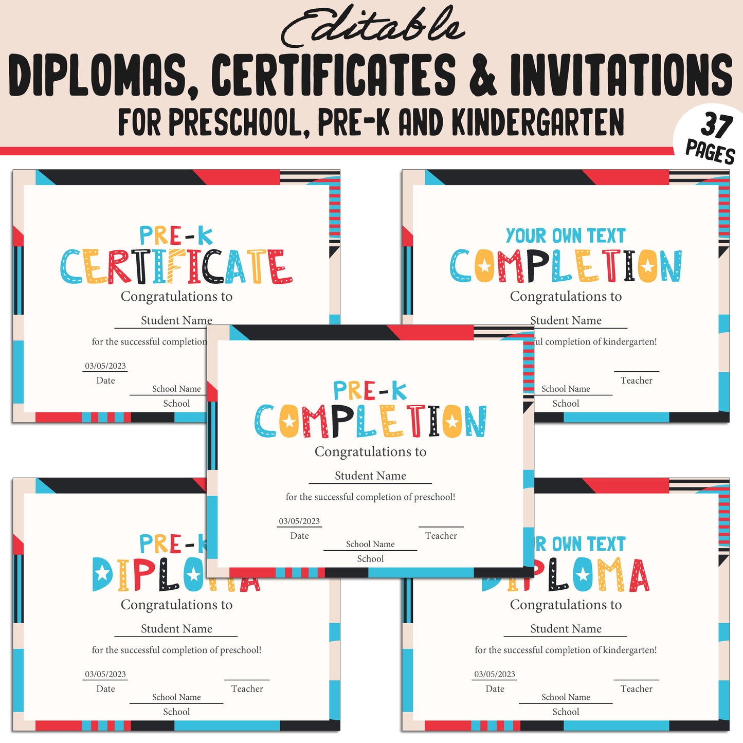 Editable End of the Year Certificates, Diplomas & Invitations for Kindergarten, PreK, Preschool, 37 Customizable PDF Pages, Instant Download