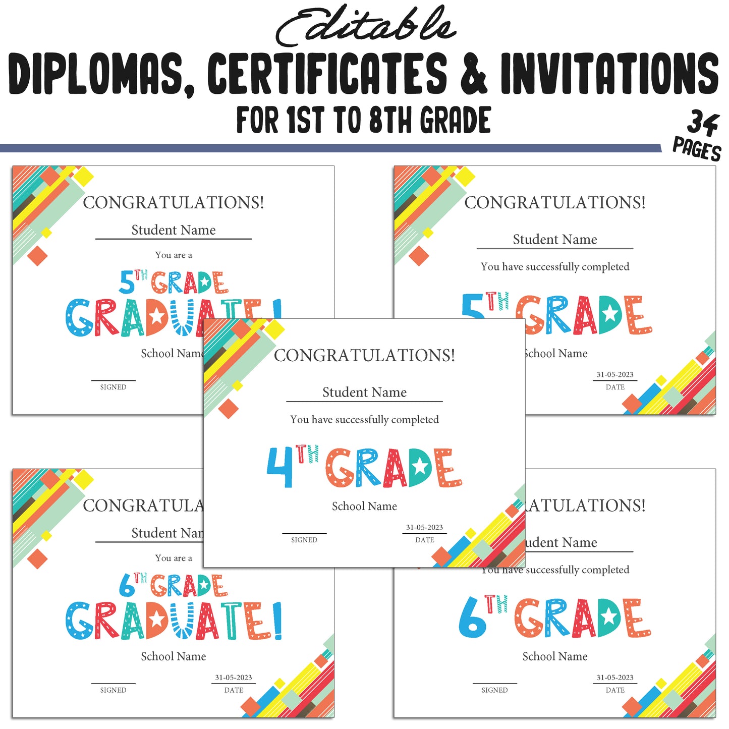 Editable Diplomas for 5th Grade, Certificates for 1st-8th Grade & Invitation Templates in a Abstract Theme - 34 Pages, PDF Instant Download