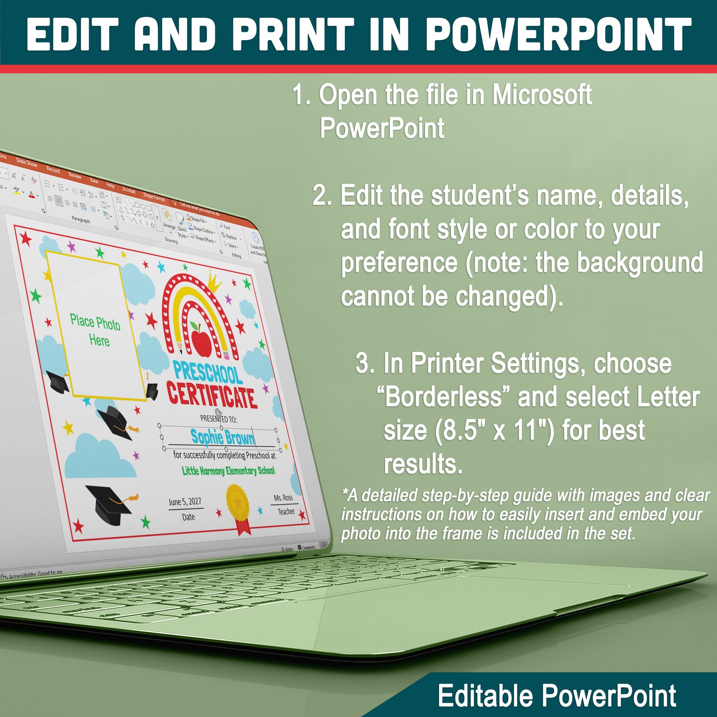 End of Year Certificates, Editable Awards and Graduation Diplomas for Preschool & Beyond, Any Grade, With and Without Photo, PDF and PowerPoint