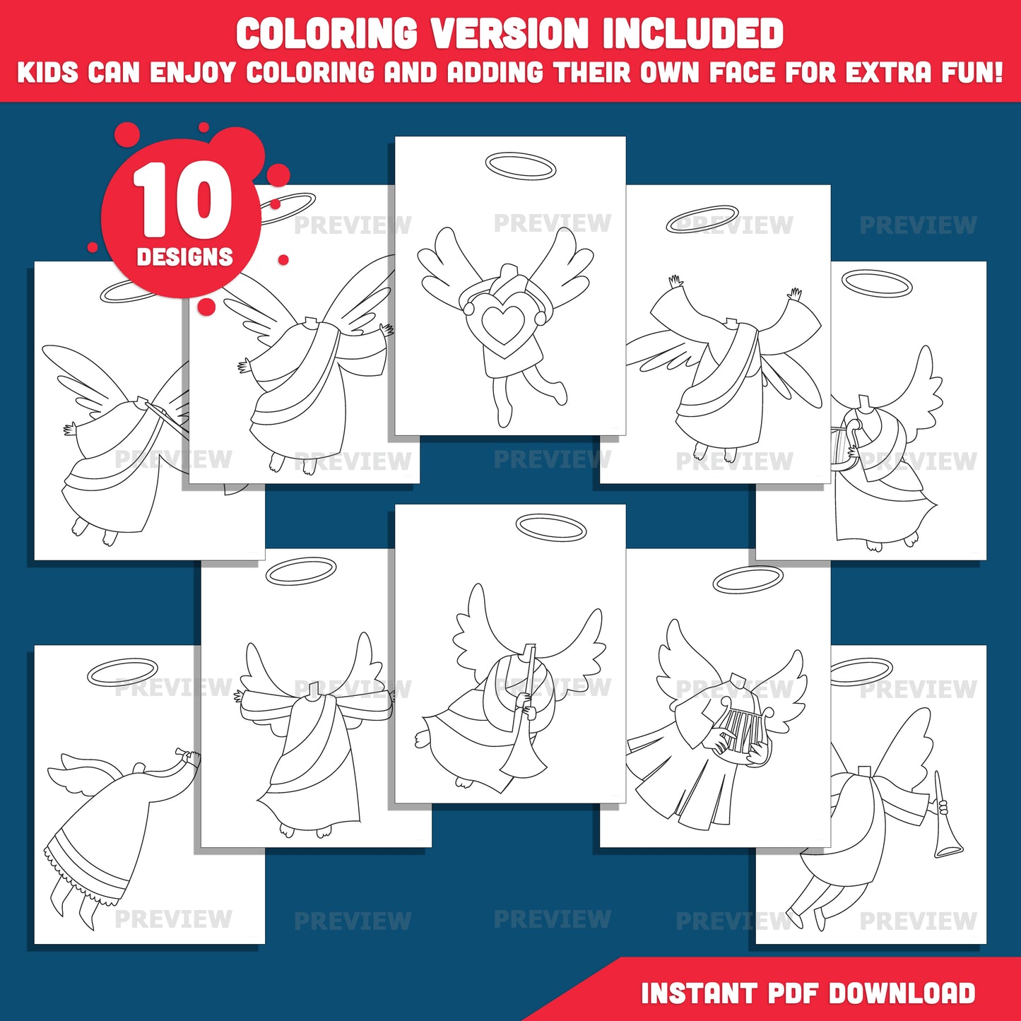 Angel Body Clipart – Add Your Own Face Craft for Kids, Coloring Version Included, Printable Angel Photo Templates, PDF & PNG