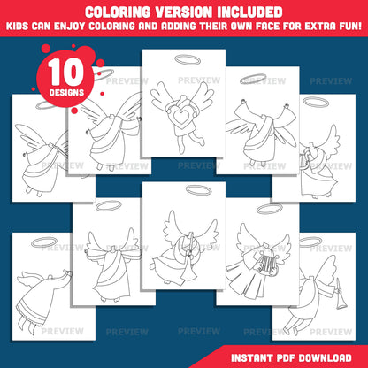 Angel Body Clipart – Add Your Own Face Craft for Kids, Coloring Version Included, Printable Angel Photo Templates, PDF & PNG