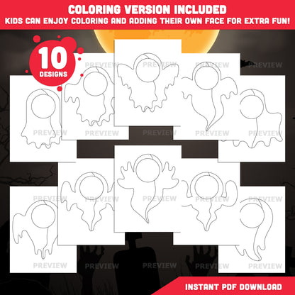 Halloween Ghost Body Templates, Photo Craft for Kids, Add Your Own Face, Halloween Activity, 10 Unique Designs, PDF + PNG Files, Coloring Version Included, 300 DPI