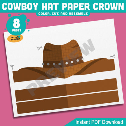 Cowboy and Cowgirl Paper Hat Crowns – Western-Themed Headband Crafts for Kids, 4 Designs, Pre-Colored & Black and White, PDF