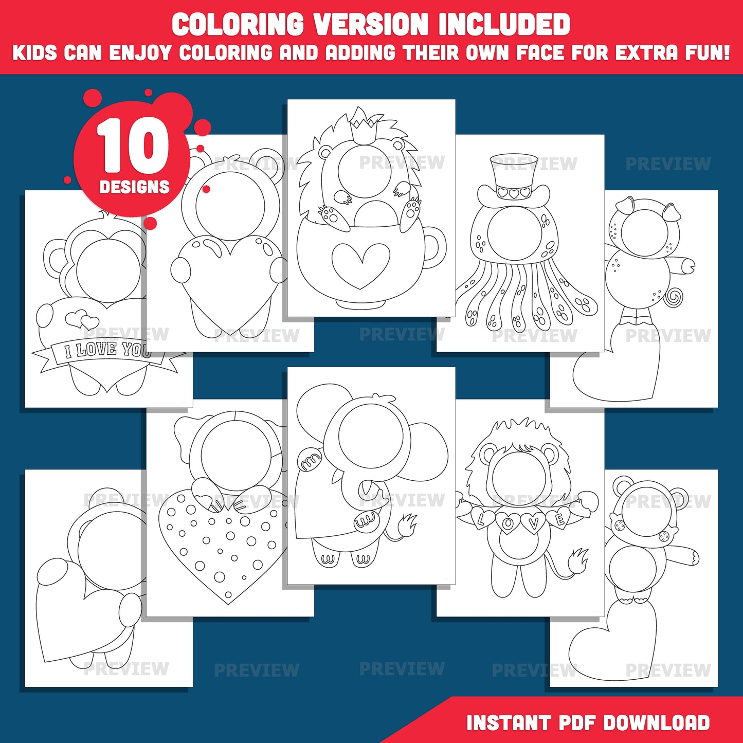 Valentine Animal Add Your Own Face Crafts, Valentine Animal Body Templates with Coloring Pages, Fun Valentine Classroom Activity, PDF & PNG