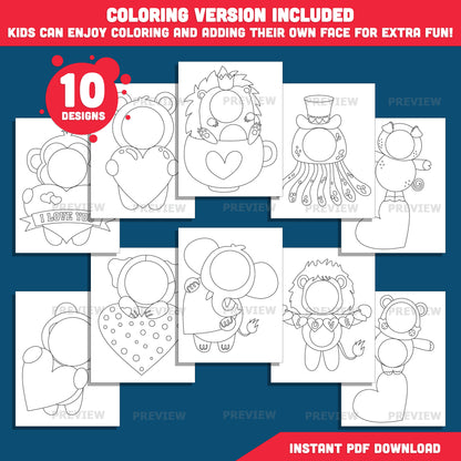 Valentine Animal Add Your Own Face Crafts, Valentine Animal Body Templates with Coloring Pages, Fun Valentine Classroom Activity, PDF & PNG