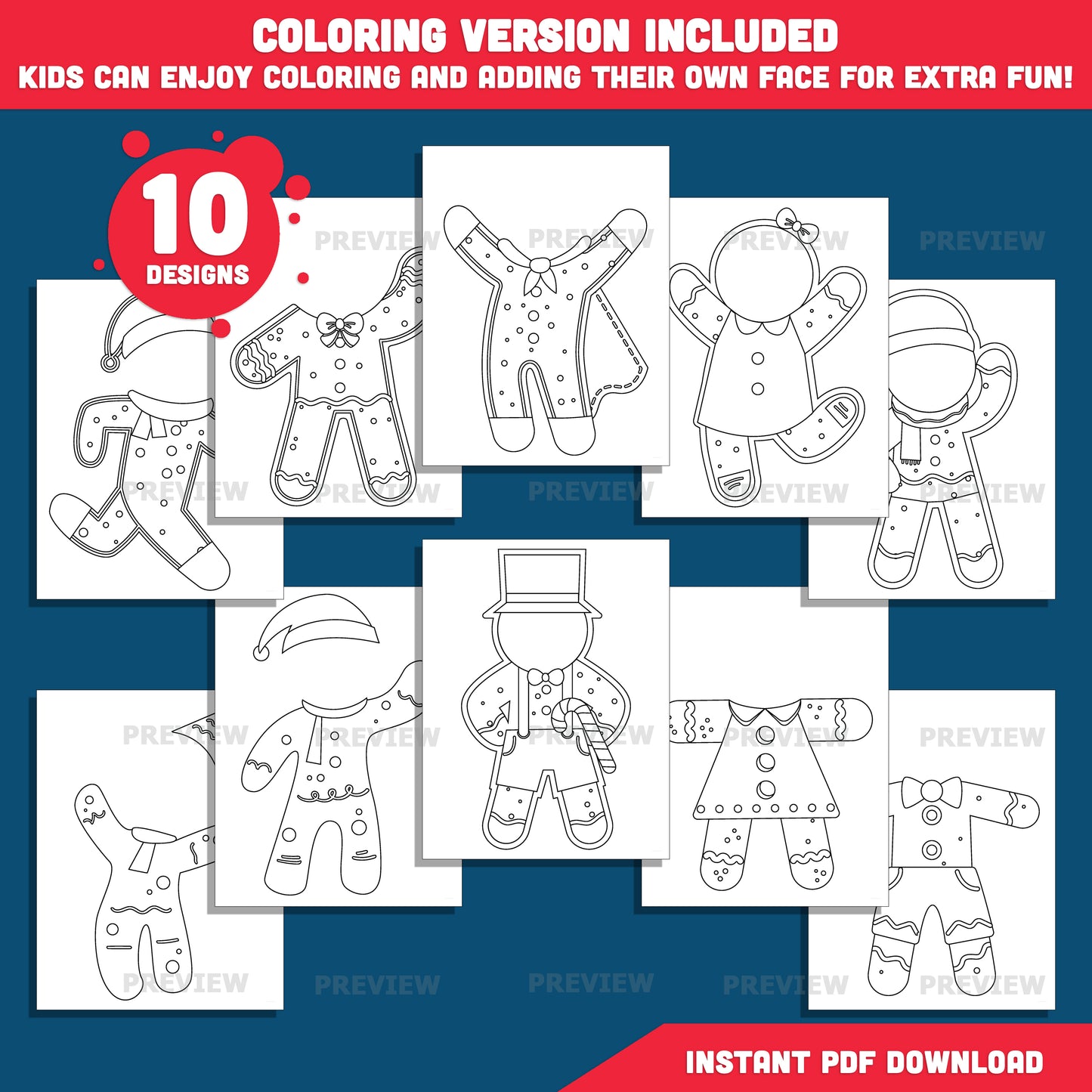 Gingerbread Man Craft Template – Add Your Photo, Winter Add-Your-Face Templates, Christmas Craft Set with Coloring Version Included, 10 High-Res PDF + PNG Body Designs